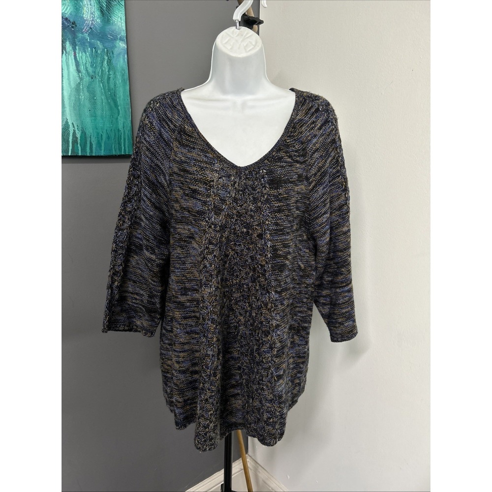 Notations Women's XL V Neck Sweater Multi Color 3/4 Sleeve Textured Acrylic Cozy